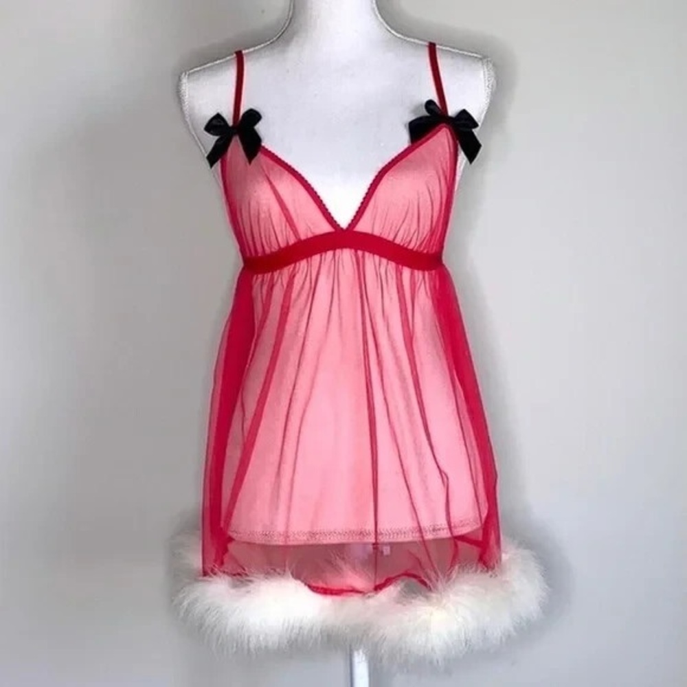 Victoria's Secret Red Sheer Chemise with Black Bows